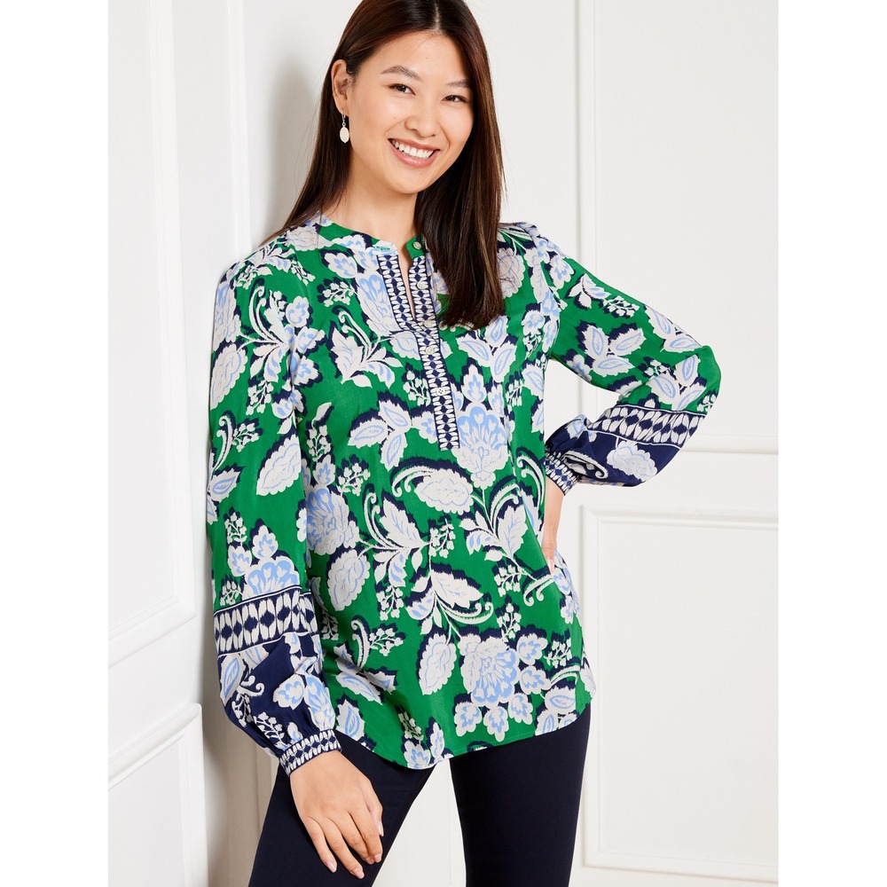Talbots Band Collar‎ Popover Blouse Size XS Green Blue Blossom Ikat Preppy